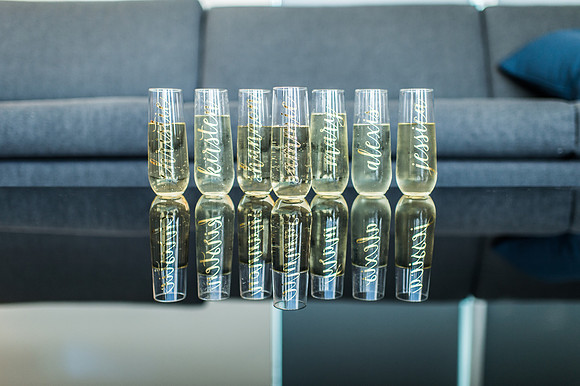 Leah Langley Photography – Florida Wedding Photographer – south Florida wedding photographer – Jacaranda country club wedding - wedding party - custom champagne glasses